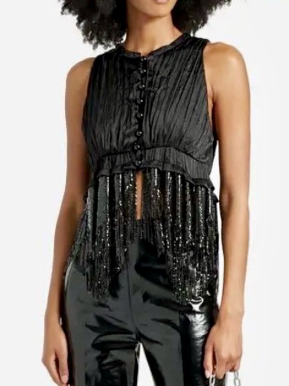 Paco Rabanne Fringed Chainmail Plisse Satin Top
